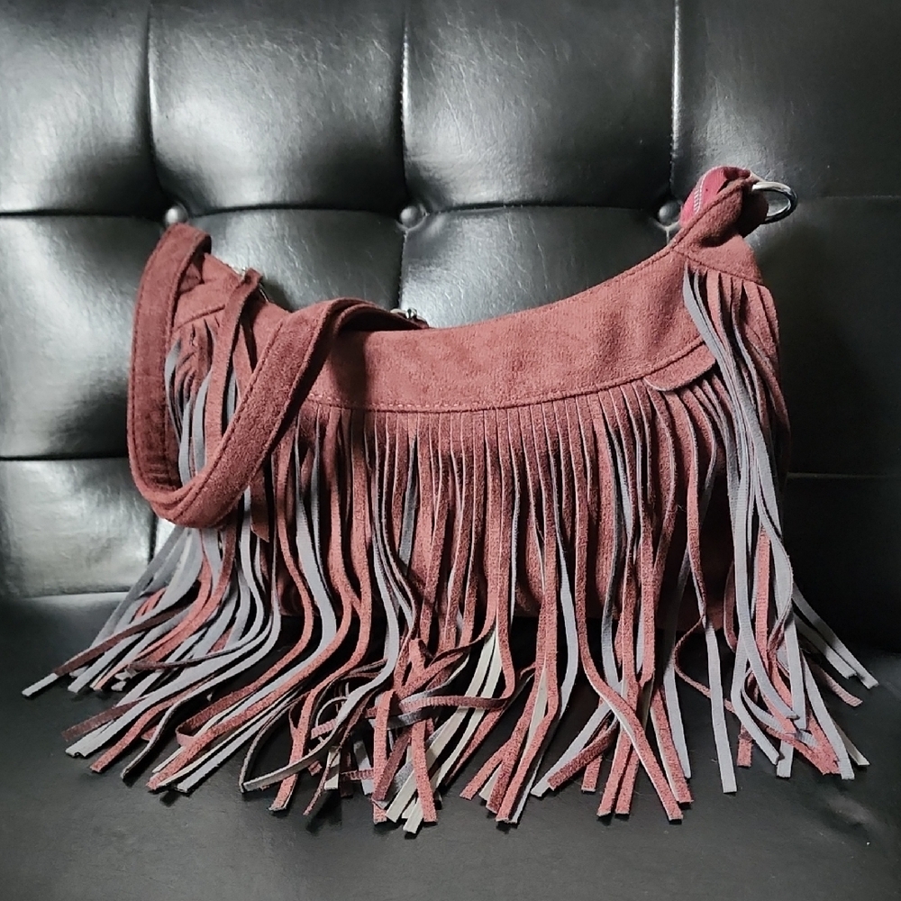 Fringe Suede Crossbody Shoulder Bag Purse Burgandy Grey
